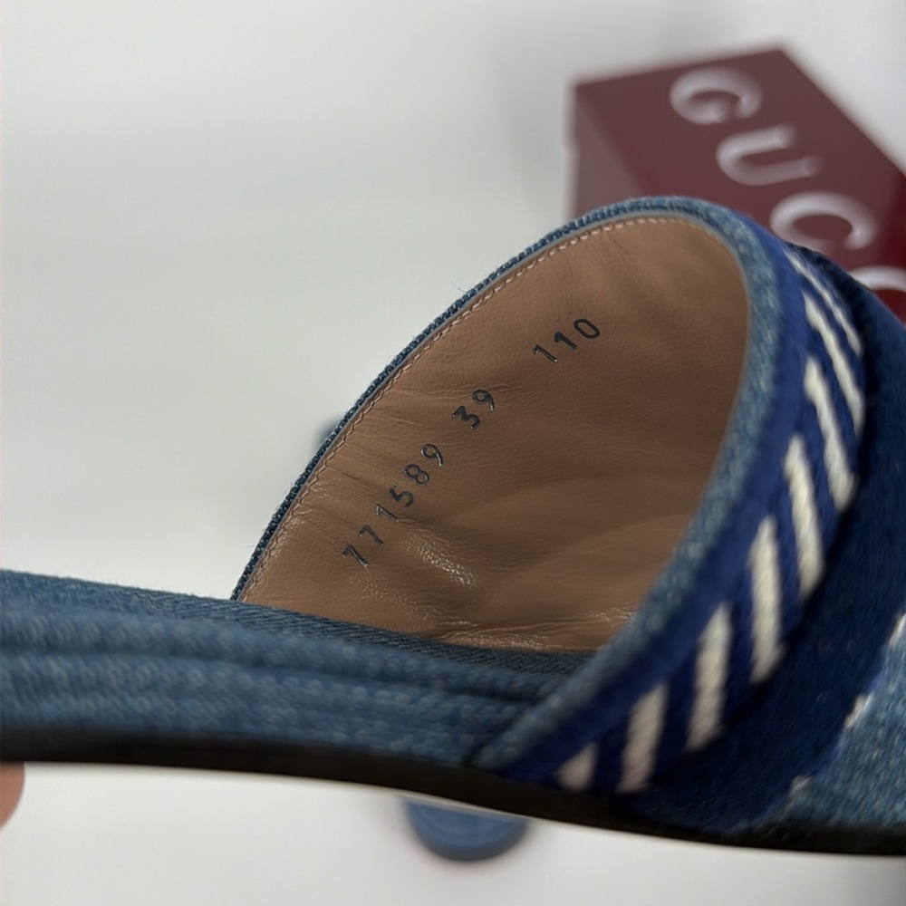 Gucci 39 Denim Jean Jane Logo Blue Stripe Slides Sandals E947 - Picture 6 of 14